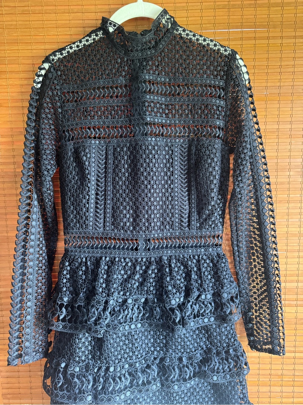 Self-Portrait Black Guipure Lace Tiered Mock Neck Mini Dress – Size 2 - Picture 6 of 11